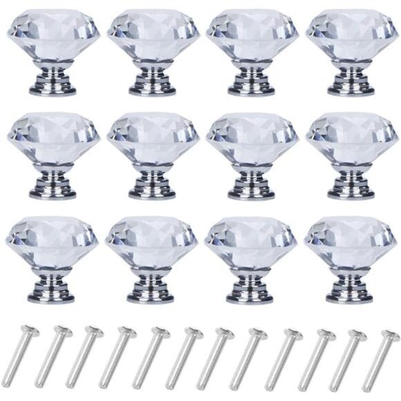 12 Pack Drawer Knobs Diamond Shaped Crystal Glass 30mm Cabinet Knobs - Picture 1 of 7